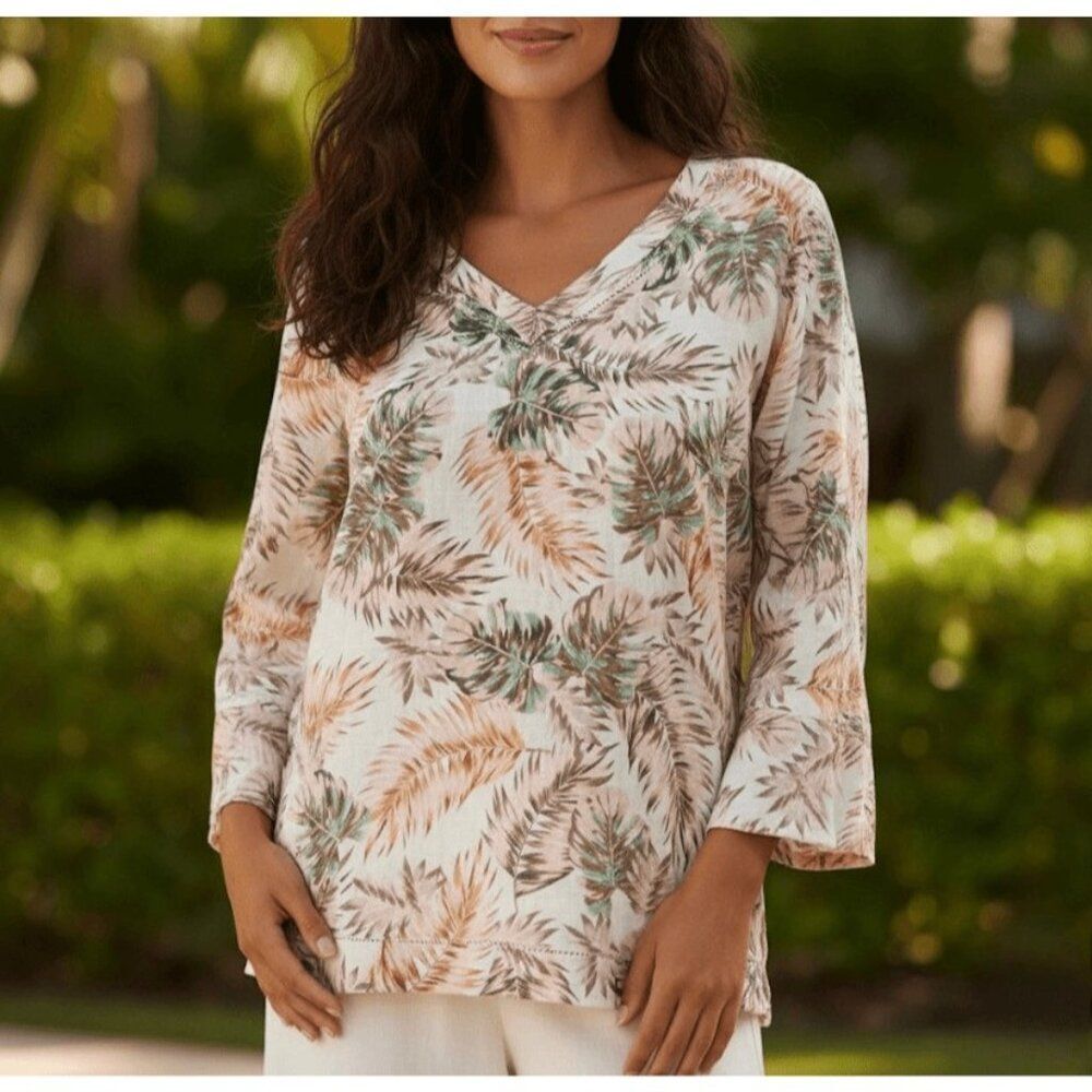 J Jill Love Linen Pink Tropical Floral Bell 3/4 Sleeve Blouse Peasant Top Sz‎ XS